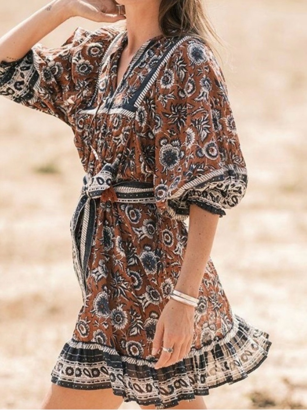 Cleobella Maggie Boho Floral Belted Mini Dress in Rust and Blue